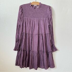 Entro Womens M Long Sleeve Tiered Dress Ruffle High Neck Smocked Purple